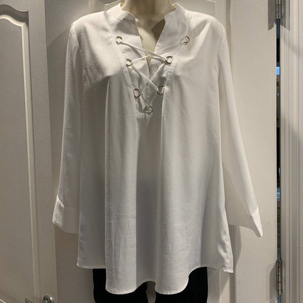 White Tunic Top with Lace Up Front Detail